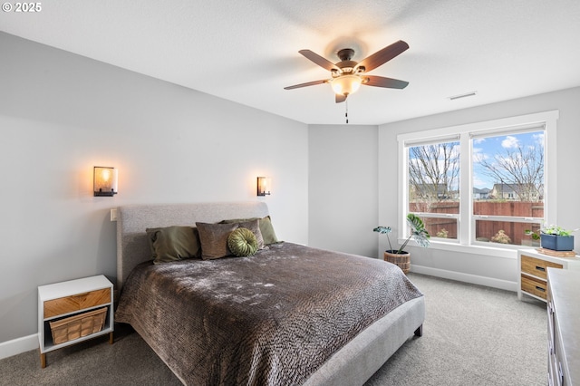 bedroom with ceiling fan and carpet floors