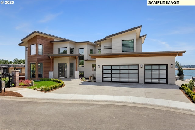 contemporary house featuring a garage, driveway, and fence