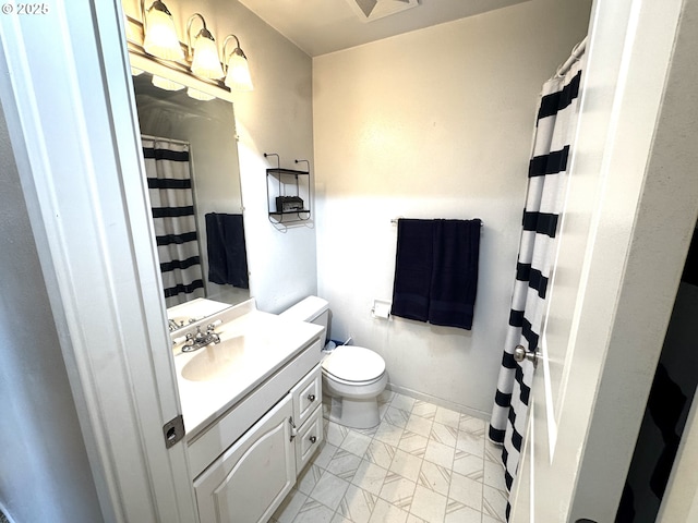 bathroom featuring vanity, a shower with curtain, toilet, and marble finish floor