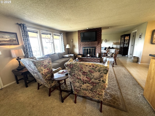 living area featuring a textured ceiling, baseboards, carpet, and a fireplace