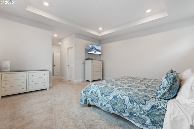 carpeted bedroom with a raised ceiling