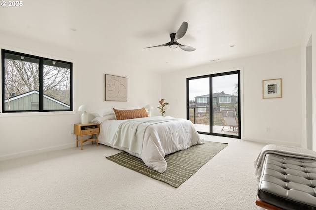 bedroom with visible vents, baseboards, ceiling fan, access to exterior, and carpet floors