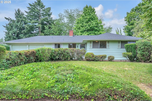 14433 SE Bevington Ct, Milwaukie, OR 97267 - single story home with a chimney, a front lawn, and an attached garage