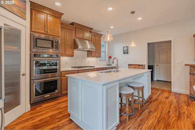 kitchen with wood finished floors, stainless steel appliances, a sink, under cabinet range hood, and brown cabinets