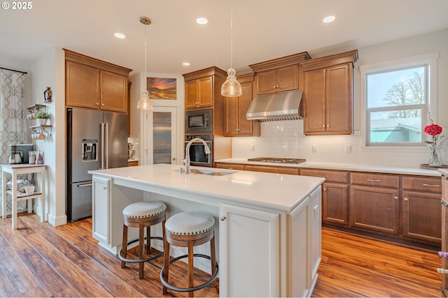 kitchen with under cabinet range hood, a sink, tasteful backsplash, wood finished floors, and stainless steel appliances