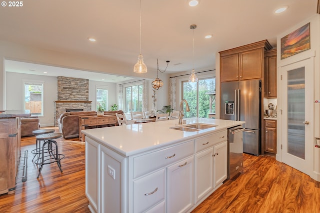 kitchen featuring a wealth of natural light, wood finished floors, stainless steel appliances, and a sink