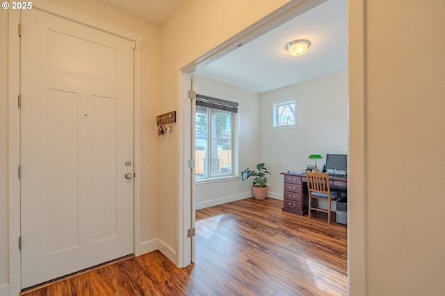 foyer entrance featuring wood finished floors and baseboards