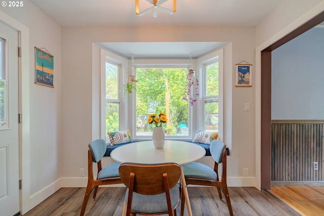 dining room with plenty of natural light, baseboards, and wood finished floors