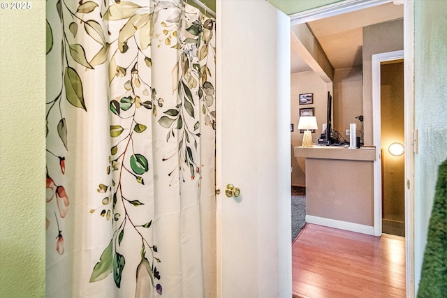 5246 SE 65th Ave, Portland, OR 97206 - full bath featuring wood finished floors and curtained shower
