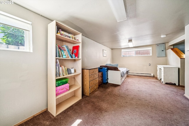 5246 SE 65th Ave, Portland, OR 97206 - sitting room featuring a baseboard radiator, dark colored carpet, electric panel, and plenty of natural light