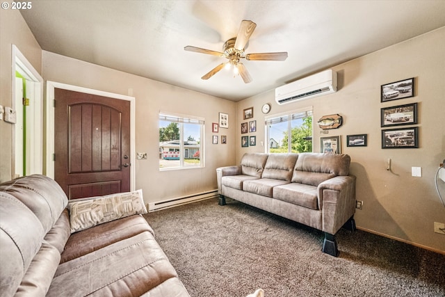 5246 SE 65th Ave, Portland, OR 97206 - living area featuring baseboard heating, a wall mounted air conditioner, ceiling fan, and carpet floors