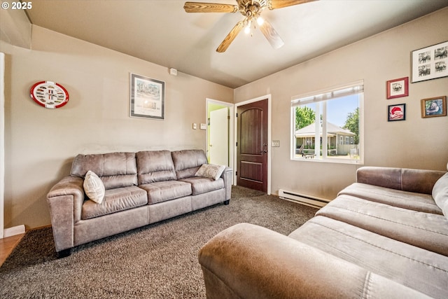 5246 SE 65th Ave, Portland, OR 97206 - living room with baseboard heating, a ceiling fan, and carpet flooring