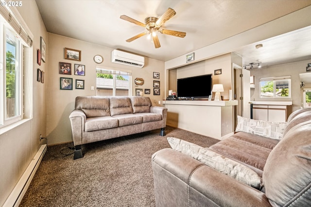 5246 SE 65th Ave, Portland, OR 97206 - carpeted living room with a wall unit AC, a baseboard heating unit, and ceiling fan