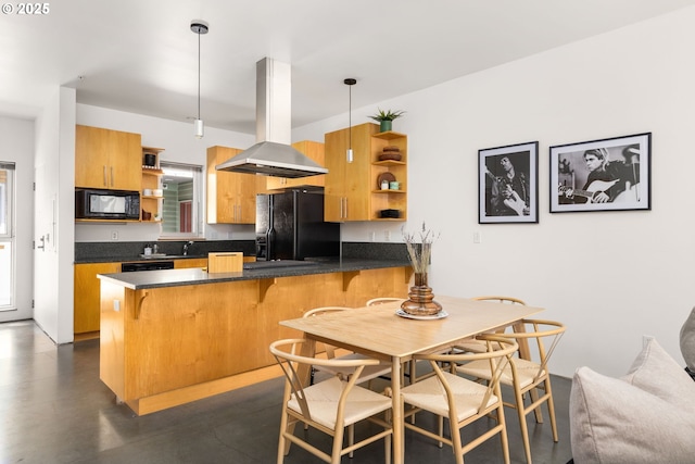 1510 SE 34th Ave Unit 214, Portland, OR 97214 - kitchen featuring open shelves, island range hood, black appliances, and a peninsula