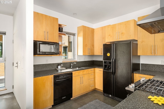 1510 SE 34th Ave Unit 214, Portland, OR 97214 - kitchen featuring black appliances, wall chimney exhaust hood, and concrete flooring