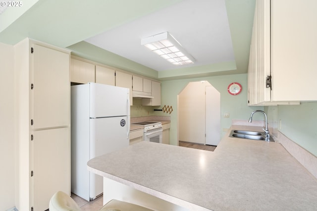 kitchen featuring sink, white appliances, and kitchen peninsula