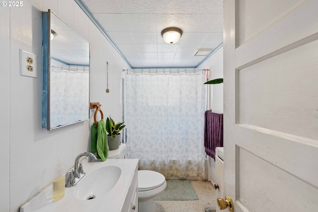 1387 Washington Ave, Coos Bay, OR 97420 - full bathroom featuring vanity, speckled floor, a paneled ceiling, and shower / bath combination with curtain