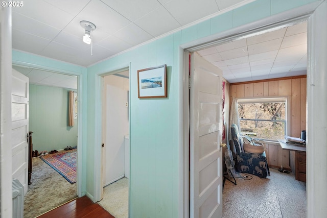 1387 Washington Ave, Coos Bay, OR 97420 - hall with wood walls, crown molding, and wood finished floors