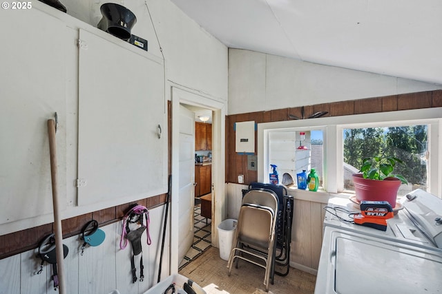 1387 Washington Ave, Coos Bay, OR 97420 - home office featuring high vaulted ceiling and washing machine and dryer