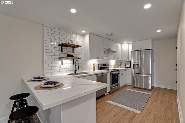 kitchen with open shelves, stainless steel appliances, a sink, a peninsula, and under cabinet range hood