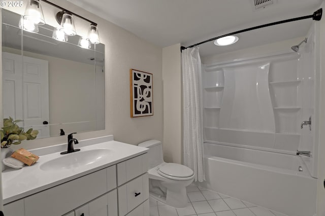 bathroom featuring toilet, visible vents, vanity, tile patterned floors, and shower / bath combo with shower curtain