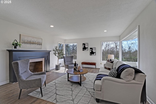 living room featuring a fireplace with flush hearth, wood finished floors, and baseboards