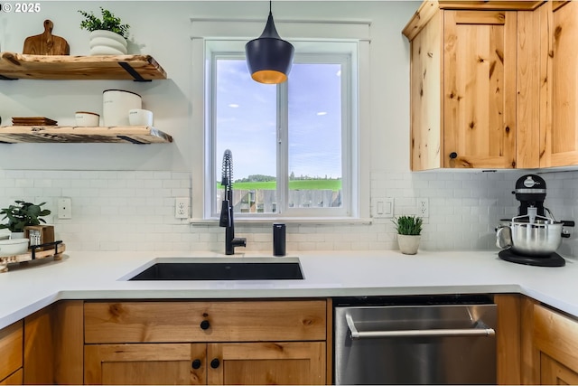 1028 E 16th St, Lafayette, OR 97127 - kitchen with open shelves, dishwasher, a sink, backsplash, and light countertops