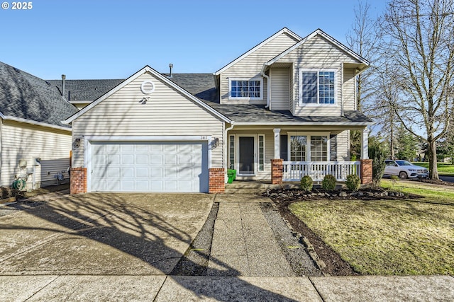 view of front of house featuring brick siding, roof with shingles, concrete driveway, covered porch, and an attached garage