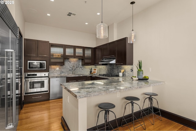 kitchen with built in appliances, a peninsula, a sink, under cabinet range hood, and backsplash