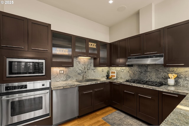 kitchen featuring under cabinet range hood, tasteful backsplash, appliances with stainless steel finishes, and a sink