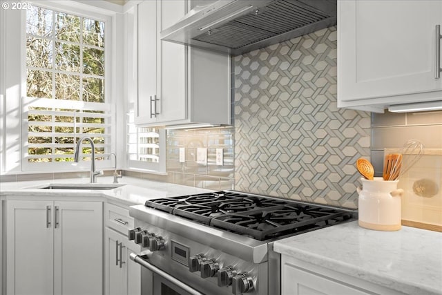 9037 NW Murdock St, Portland, OR 97229 - kitchen with high end stainless steel range, premium range hood, a sink, white cabinetry, and decorative backsplash