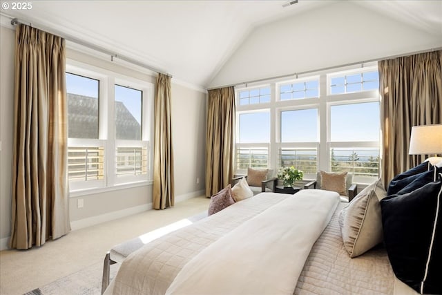 9037 NW Murdock St, Portland, OR 97229 - carpeted bedroom featuring multiple windows, baseboards, a water view, and high vaulted ceiling