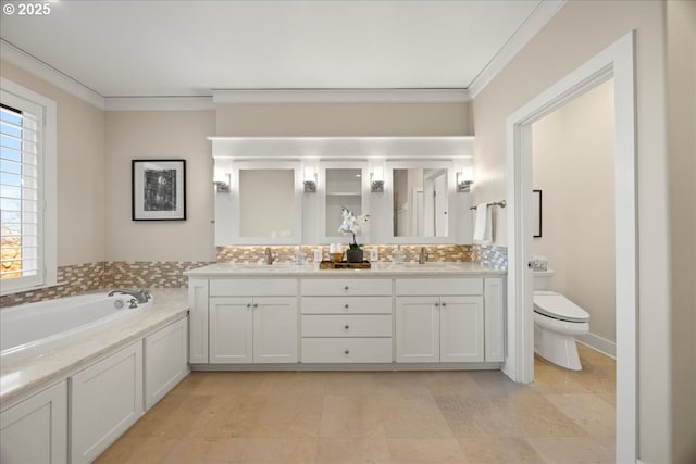 9037 NW Murdock St, Portland, OR 97229 - bathroom with ornamental molding, tasteful backsplash, toilet, double vanity, and a garden tub