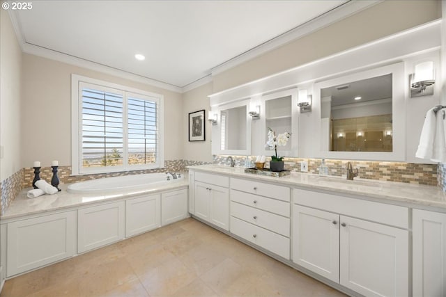 9037 NW Murdock St, Portland, OR 97229 - bathroom featuring ornamental molding, tasteful backsplash, a bath, a shower with shower door, and double vanity