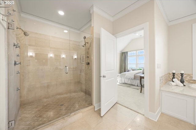 9037 NW Murdock St, Portland, OR 97229 - bathroom with crown molding, a shower stall, ensuite bath, baseboards, and tile patterned floors