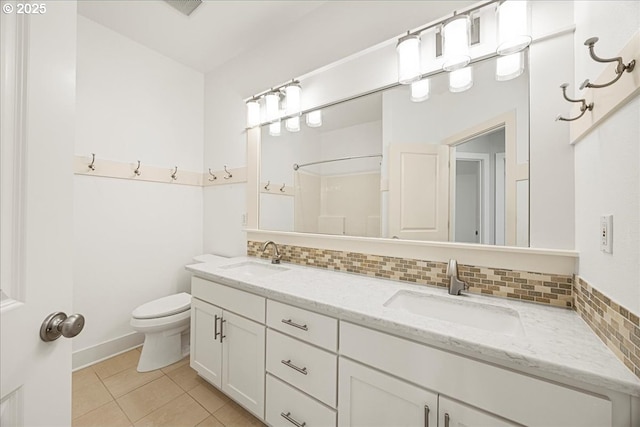 9037 NW Murdock St, Portland, OR 97229 - full bathroom featuring backsplash, tile patterned floors, toilet, double vanity, and a shower