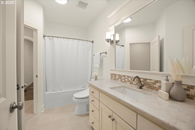 9037 NW Murdock St, Portland, OR 97229 - full bathroom featuring decorative backsplash, vanity, toilet, tile patterned floors, and shower / bathtub combination with curtain