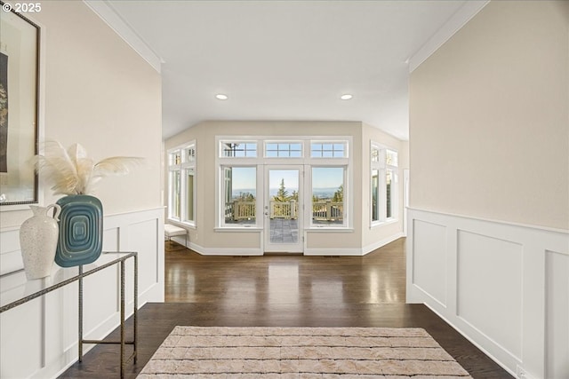 9037 NW Murdock St, Portland, OR 97229 - hall featuring a decorative wall, wainscoting, recessed lighting, and dark wood-style flooring