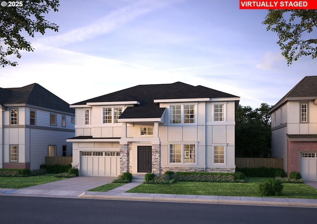 view of front facade featuring an attached garage, fence, driveway, stone siding, and stucco siding