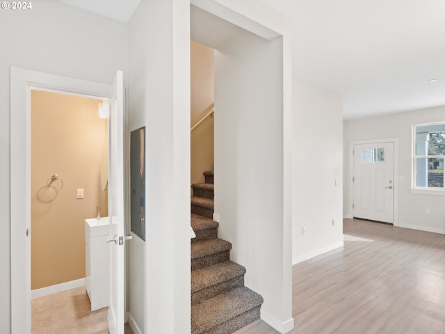 staircase featuring wood-type flooring