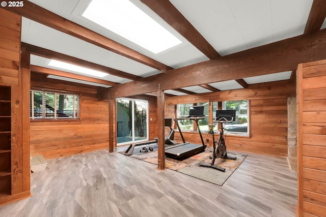 workout room featuring wooden walls, a skylight, and a healthy amount of sunlight