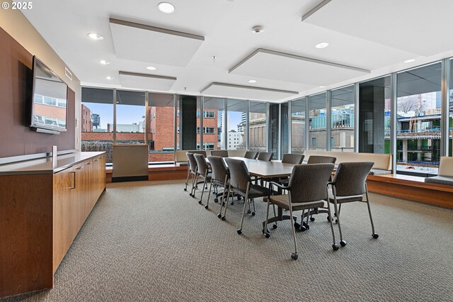 carpeted dining space featuring expansive windows