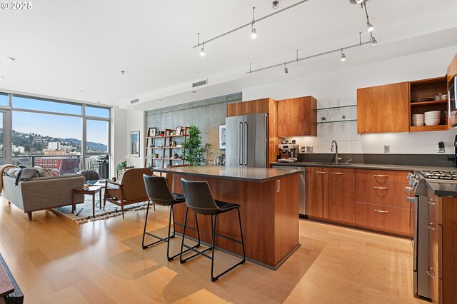 kitchen featuring sink, a center island, stainless steel appliances, a wall of windows, and light wood-type flooring