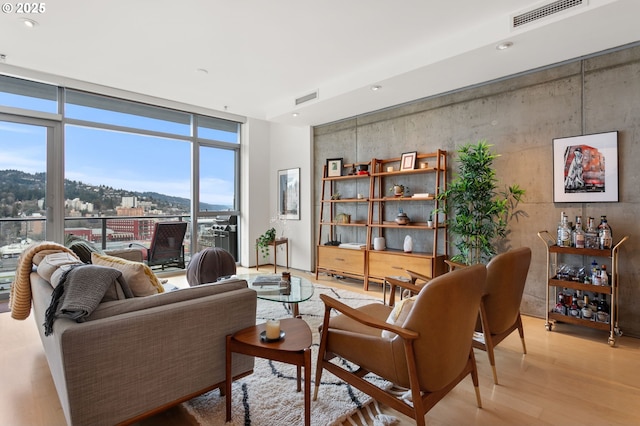 living room featuring a mountain view, light hardwood / wood-style floors, and a wall of windows