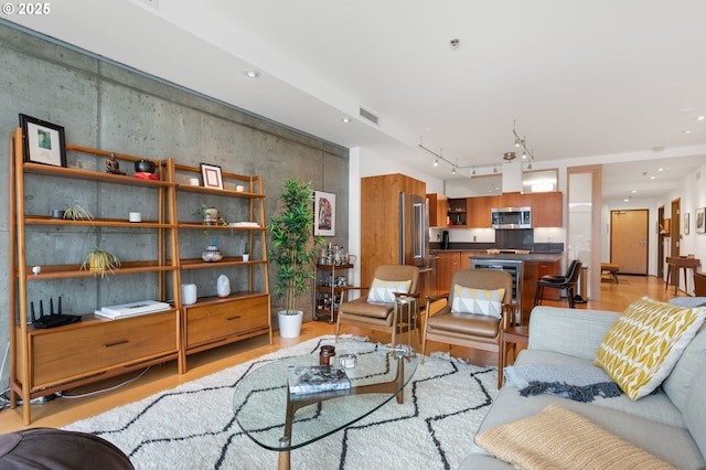 living room with rail lighting