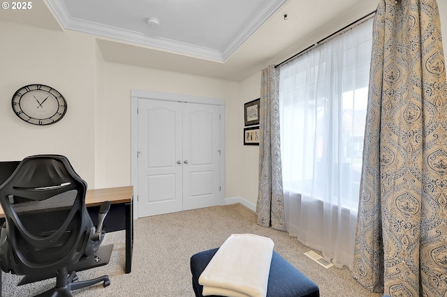 office featuring light carpet and crown molding