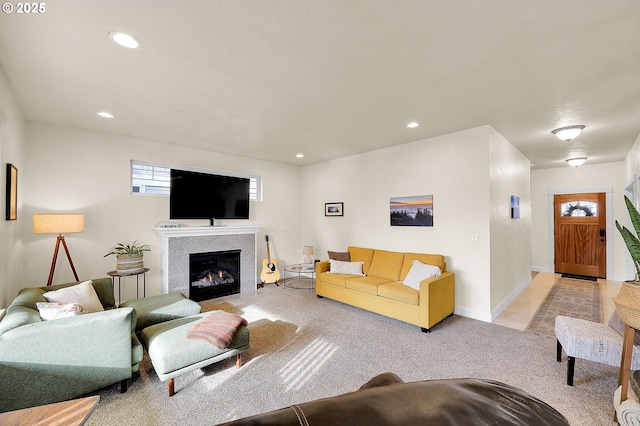 living room featuring light carpet