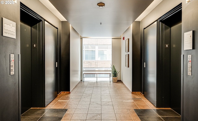 corridor featuring elevator and floor to ceiling windows