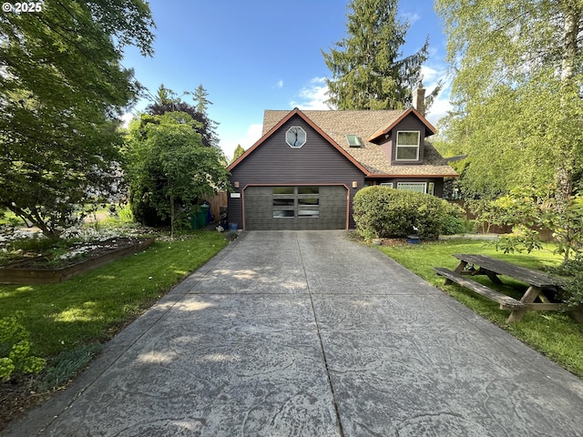 3241 SW Spring Garden St, Portland, OR 97219 - view of front of house with driveway, a chimney, a garage, and a front lawn