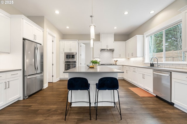 kitchen featuring a sink, dark wood-type flooring, a center island, and stainless steel appliances